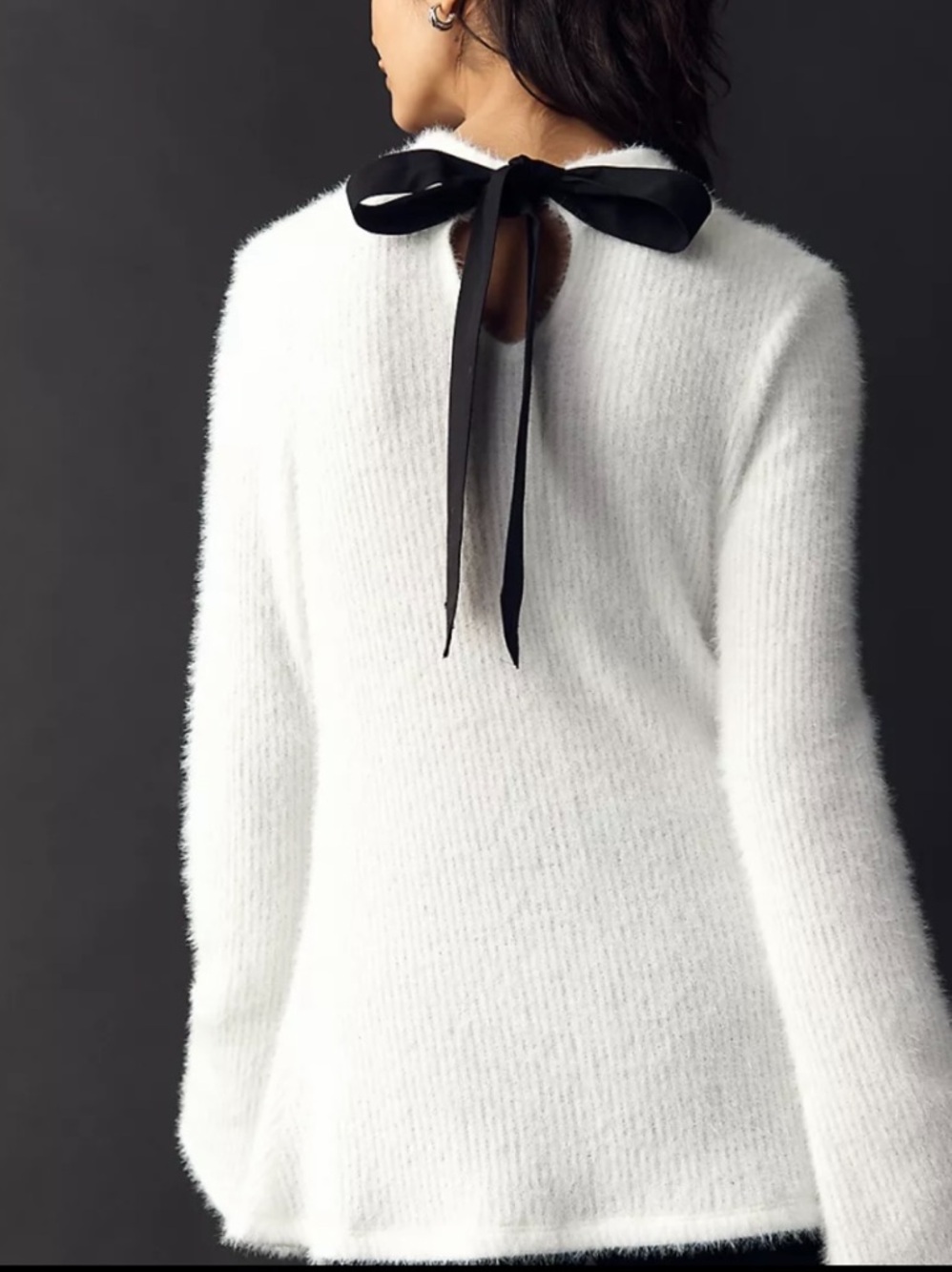 Maeve Tie-Back White Fuzzy Bell Sleeve Sweater.